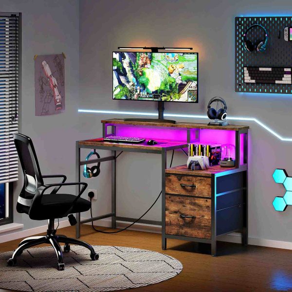 120cm Industrial Rustic Brown & Black Computer Desk with Fabric Drawers, Integrated Power Outlet & LED Lighting, Ergonomic Office Desk with Monitor Stand for Home Office, Study & Living Room