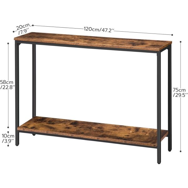 Industrial Narrow Console Table, 120cm Rustic Brown & Black Entryway Sofa Table with Storage Shelf, Metal Frame Accent Table for Living Room, Flur, Foyer & Büro