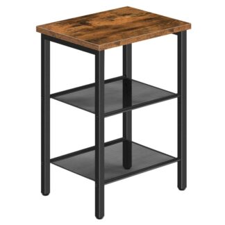 طاولة النهاية, منضدة مع أرفف شبكية من مستويين, طاولة جانبية لغرفة المعيشة, غرفة نوم, صناعي, إطار فولاذي مستقر, التجميع سهل, بني ريفي