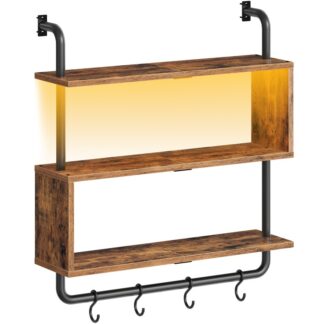 رفوف جدران بنية بنية وأسود مع مصابيح LED مع مصابيح LED, جدار الرف العائم مثبت على التخزين, S على شكل SAND مع 4 خطافات, لغرفة المعيشة, غرفة نوم, حمام, مطبخ