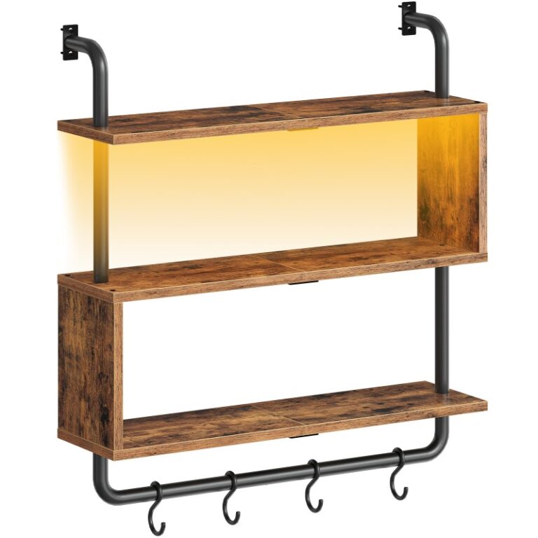Rustic Brown and Black Floating Wall Shelves with LED Lights, Floating Shelf Wall Mounted for Storage, S Shaped Display Stand with 4 Hooks, for Livingroom, Bedroom, Bathroom, Kitchen