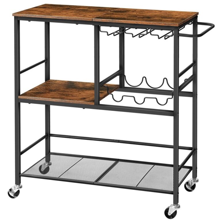 Industrial Bar Cart for The Home, Ρουστίκ καφέ και μαύρο καροτσάκι 3 επιπέδων με τροχούς, Κολλικό καλάθι κουζίνας με ράφι κρασιού και κάτοχο γυαλιού για σαλόνι, Κόμμα, Μπαρ