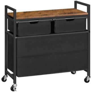 Wäschereikarren mit 3 Wäschekörbe, 28.7 Mädel (109l), Wäschesortierer 3 Fach, herausziehen und abnehmbare Wäschetaschen, Schlafzimmer, Badezimmer, Wäschekammer, rustikalbraun und schwarz