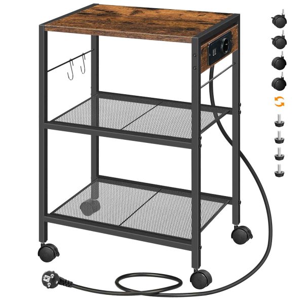 3-Tier Printer Stand with Charging Station, Multifunctional Storage Rack with Castors/Adjustable Feet and 2 Hooks, Suitable for Home Office, Vintage Brown & Black