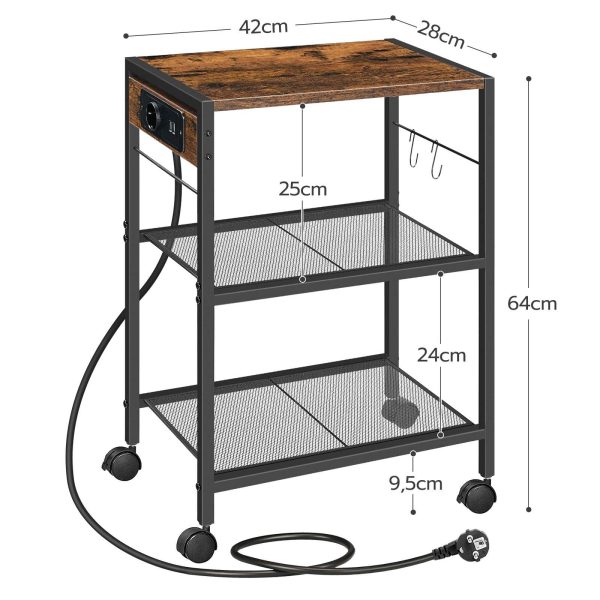 3-Tier Printer Stand with Charging Station, Multifunctional Storage Rack with Castors/Adjustable Feet and 2 Hooks, Suitable for Home Office, Vintage Brown & Black