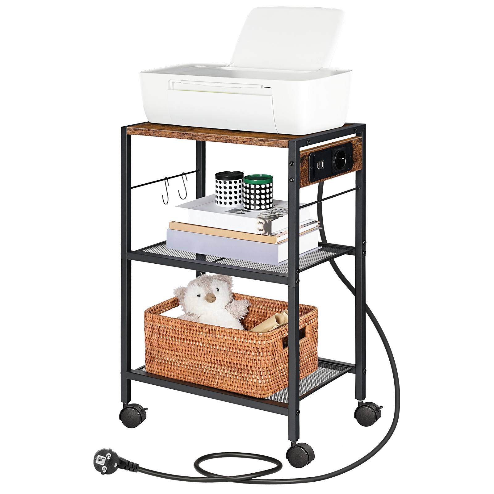 3-Tier Printer Stand with Charging Station, Multifunctional Storage Rack with Castors/Adjustable Feet and 2 Hooks, Suitable for Home Office, Vintage Brown & Black