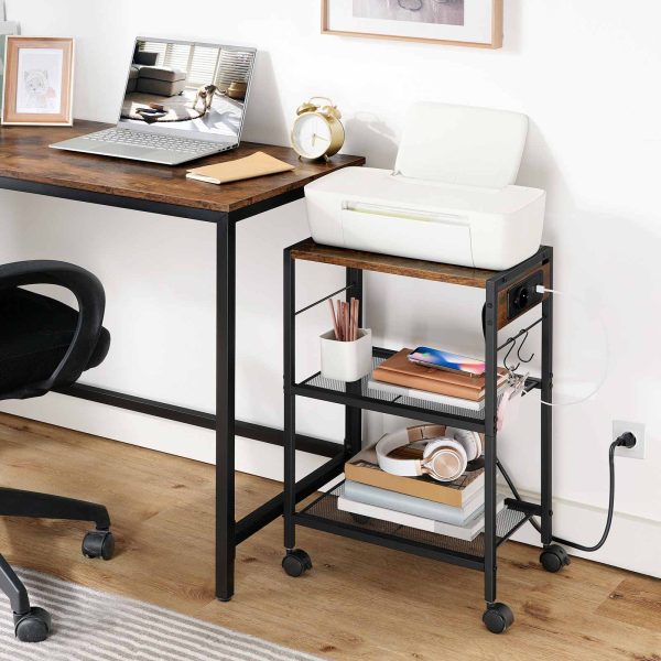 3-Tier Printer Stand with Charging Station, Multifunctional Storage Rack with Castors/Adjustable Feet and 2 Hooks, Suitable for Home Office, Vintage Brown & Black