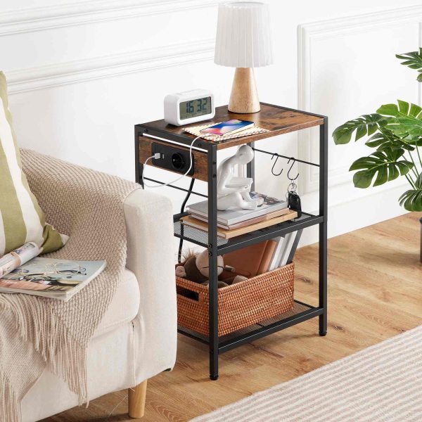 3-Tier Printer Stand with Charging Station, Multifunctional Storage Rack with Castors/Adjustable Feet and 2 Hooks, Suitable for Home Office, Vintage Brown & Black