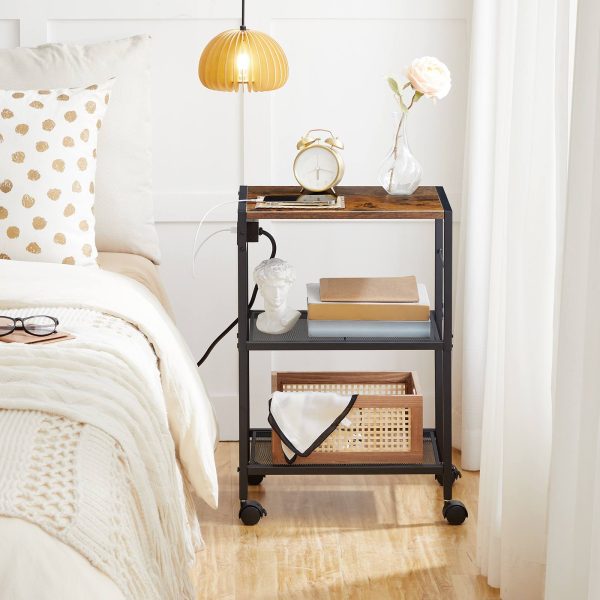3-Tier Printer Stand with Charging Station, Multifunctional Storage Rack with Castors/Adjustable Feet and 2 Hooks, Suitable for Home Office, Vintage Brown & Black