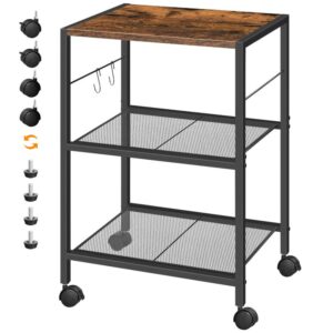 printer stand, 3-tier printer table with hooks, industrial printer cart on wheels, heavy duty storage machine rack for home office, rustic brown and black