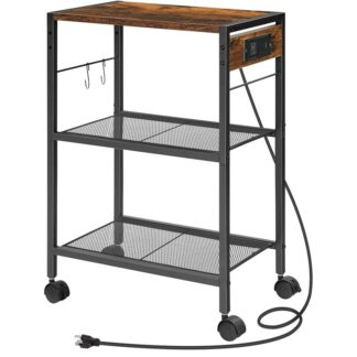 Industrieller Druckerständer, 3-Tier-Mobildruckertisch, Rollwagen mit Steckdosen und USB-Anschlüssen, Heimdruckerständer mit 2 Haken, für Büro, Wohnzimmer, Rustikales Braun