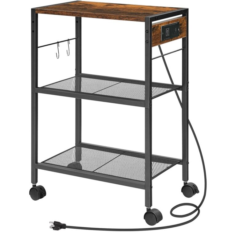 Βιομηχανική στάση εκτυπωτή, 3-Πίνακας εκτυπωτή κινητής τηλεφωνίας βαθμίδας, Τροχαίο καλάθι με εξόδους ισχύος και θύρες USB, Ο οικιακός εκτυπωτής στέκεται με 2 Άγκιστρα, για το Office, Καθιστικό, Ρουστίκ καφέ