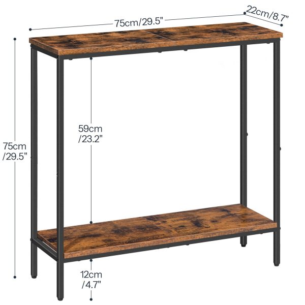 75cm smal konsolbord, Multifunktionelt Entryway Sofa Sidebord med opbevaringshylder, Udstillingsbord til entre, Soveværelse, Foyer, Stue, Rustik brun & Sort