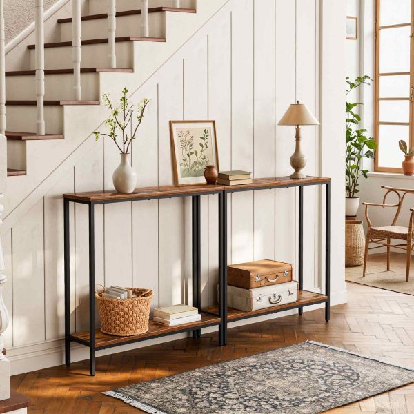 75cm smal konsolbord, Multifunktionelt Entryway Sofa Sidebord med opbevaringshylder, Udstillingsbord til entre, Soveværelse, Foyer, Stue, Rustik brun & Sort