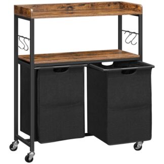 Wäschekorb, Wäschekorb mit Haken, Wäschesortierer mit 2 Auszug und abnehmbare Taschen, 2 Regale, Badezimmer, Wäschekammer, rustikalbraun und schwarz