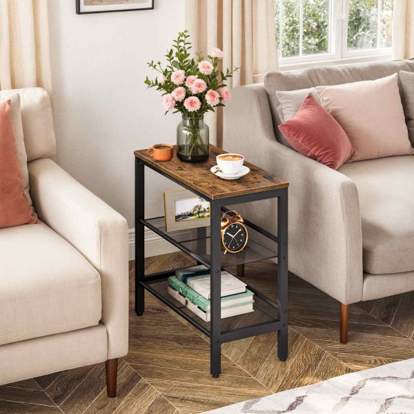 3-Tier Narrow Side Table, Adjustable Shelf End Table, Multi-Functional Nightstand for Small Spaces, Hallway, Living Room and Bedroom, Sturdy Construction, Easy Assembly, Rustic Brown & Black
