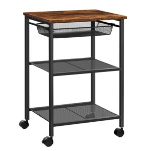 printer stand, 3-tier printer cart with adjustable mesh drawer, heavy duty storage rack printer table on wheels,for home office, rustic brown and black