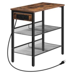 narrow end table with charging station and usb ports, 3-tier nightstand with 2 flat or slant adjustable shelves, side table for small space in living room, bedroom, rustic brown