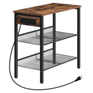Smalt slutbord med opladningsstation og USB -porte, 3-niveau natbord med 2 flade eller skrå justerbare hylder, Sidebord til lille plads i stuen, soveværelse, Rustik brun