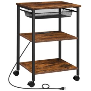 printer stand, 3 tier printer cart with charging station, industrial printer table rolling printer shelf with storage drawer, for home office