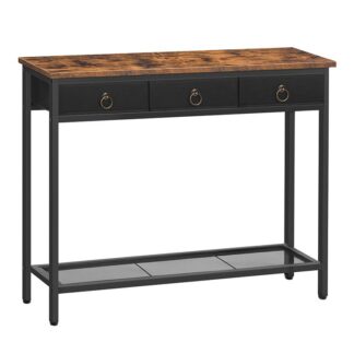 console table, narrow sofa table with 3 storage drawers and mesh shelf, entryway table for living room, hallway, office, entrance table, rustic brown and black
