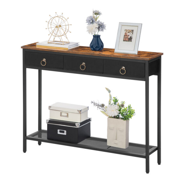 console table, narrow sofa table with 3 storage drawers and mesh shelf, entryway table for living room, hallway, office, entrance table, rustic brown and black