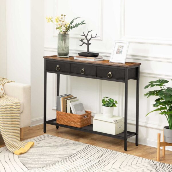 console table, narrow sofa table with 3 storage drawers and mesh shelf, entryway table for living room, hallway, office, entrance table, rustic brown and black