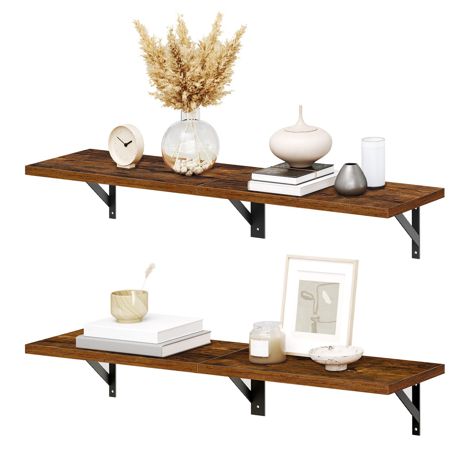 Zestaw pływających półek 2, 76.2cm Półki do przechowywania montowane na ścianie z metalową ramą, Wiszące półki w stylu retro do salonu, Sypialnia, Łazienka & Kuchnia, Rustykalny brąz & Czarny