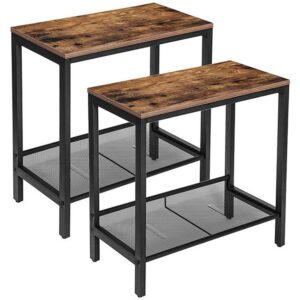 side tables, set of 2 narrow nightstands, industrial end table with flat or slant adjustable mesh shelf for small spaces, stable metal frame and easy assembly, rustic brown and black