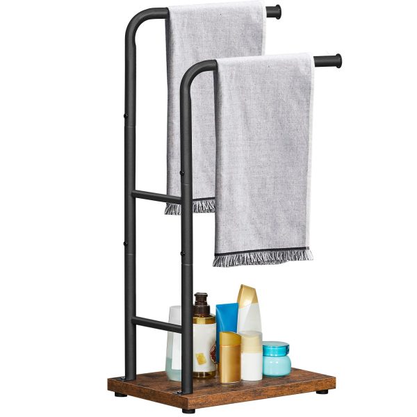 Freestanding Towel Rack with Storage Shelf, Rustic Brown & Black 2-Rod Towel Holder, Multifunctional Decorative Organizer for Bathroom, Laundry Room, Bedroom & Living Room