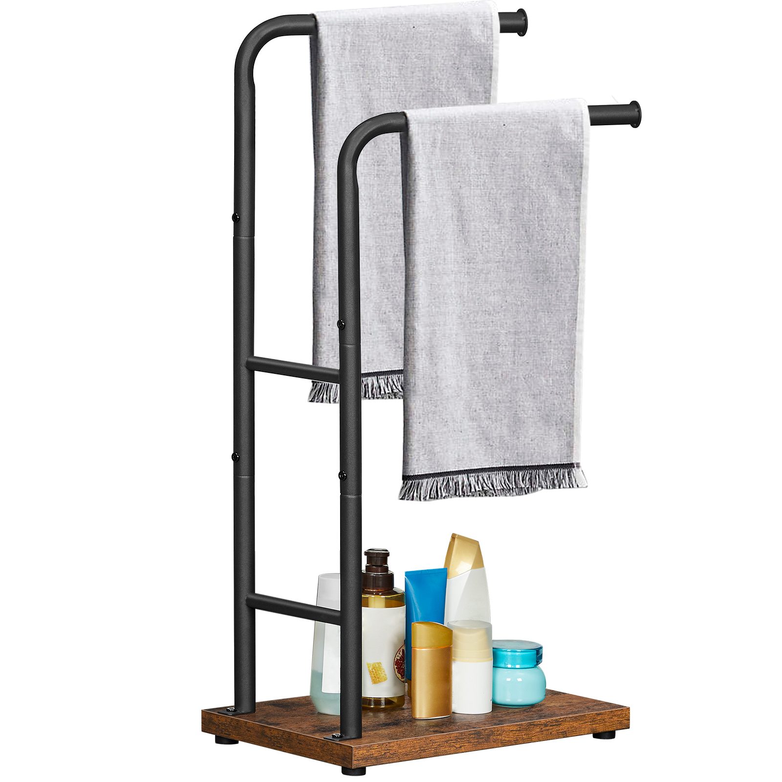 Freestanding Towel Rack with Storage Shelf, Marrone rustico & Black 2-Rod Towel Holder, Multifunctional Decorative Organizer for Bathroom, Lavanderia, Camera da letto & Soggiorno