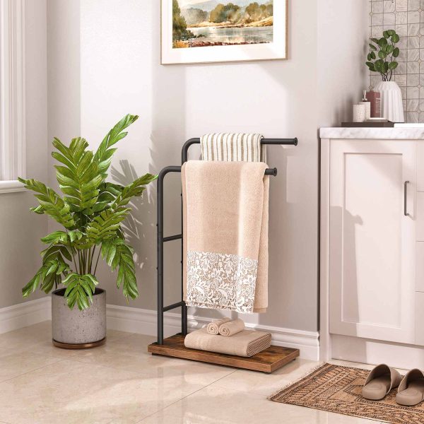 Freestanding Towel Rack with Storage Shelf, Rustic Brown & Black 2-Rod Towel Holder, Multifunctional Decorative Organizer for Bathroom, Laundry Room, Bedroom & Living Room