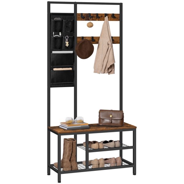 Coat Rack Shoe Bench, Hall Tree Entryway Storage Bench with 6 Storage Pockets and 9 Removable Hooks, Industrial Accent Furniture with Metal Frame