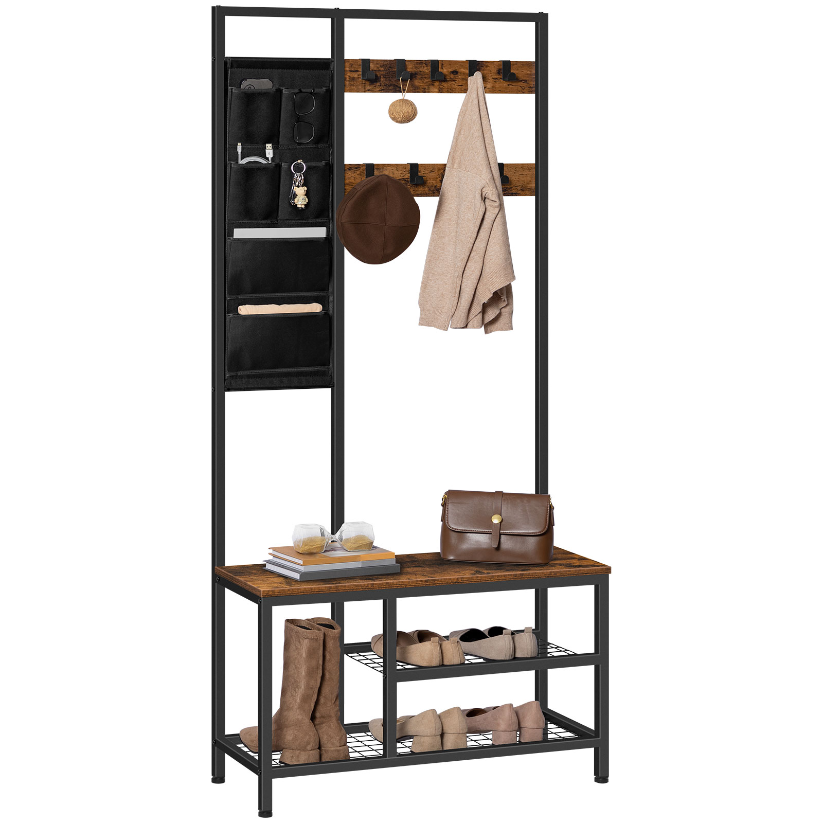 Вешалка для обуви Скамейка для обуви, Hall Tree Entryway Storage Bench with 6 Storage Pockets and 9 Съемные крючки, Промышленная акцентная мебель с металлическим каркасом