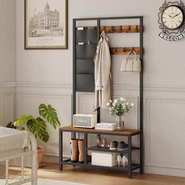 Coat Rack Shoe Bench, Hall Tree Entryway Storage Bench with 6 Storage Pockets and 9 Removable Hooks, Industrial Accent Furniture with Metal Frame