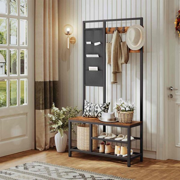 Coat Rack Shoe Bench, Hall Tree Entryway Storage Bench with 6 Storage Pockets and 9 Removable Hooks, Industrial Accent Furniture with Metal Frame