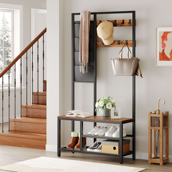 Coat Rack Shoe Bench, Hall Tree Entryway Storage Bench with 6 Storage Pockets and 9 Removable Hooks, Industrial Accent Furniture with Metal Frame