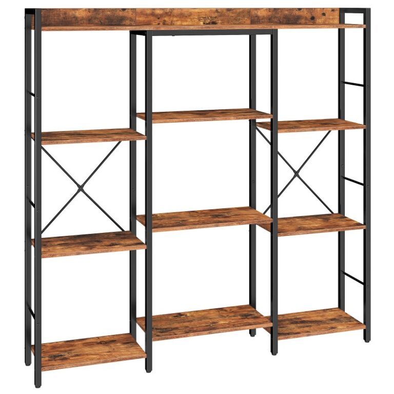 Libreria a 4 livelli a tripla colonna, Raccumi rustici di archiviazione marrone e nero aperto, Stile industriale retrò, per studio, Soggiorno, Sala da pranzo, Camera da letto, Balcone, Home Office