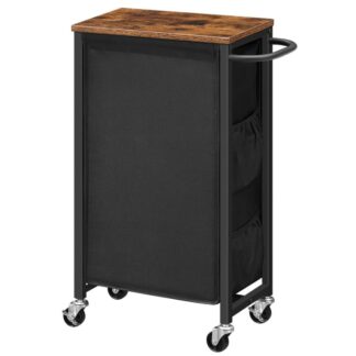 Wäschekorb auf Rollen, Wäschekorb mit Rollen, Wäschesortierer mit Seitentaschen und Griff, Tasche aus Oxford-Stoff, Raumsparende, Rustikalbraun und schwarz