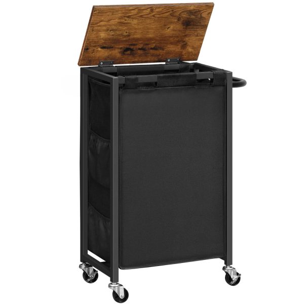 Rolling Laundry Hamper, Rustic Brown & Black Multi-Functional Laundry Sorter with Side Pockets and Handle, Oxford Fabric Storage Bag, Space-Saving Design