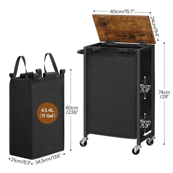Rolling Laundry Hamper, Rustic Brown & Black Multi-Functional Laundry Sorter with Side Pockets and Handle, Oxford Fabric Storage Bag, Space-Saving Design