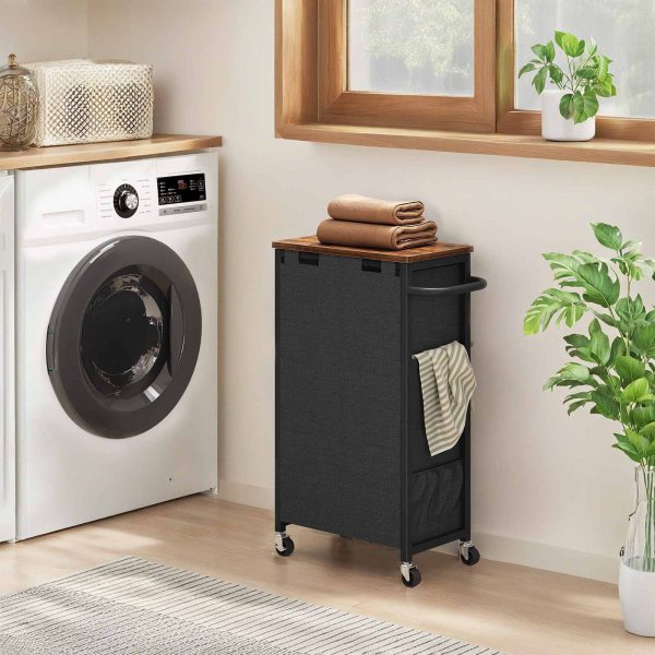 Rolling Laundry Hamper, Rustic Brown & Black Multi-Functional Laundry Sorter with Side Pockets and Handle, Oxford Fabric Storage Bag, Space-Saving Design