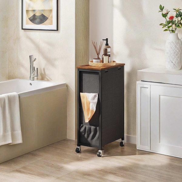 Rolling Laundry Hamper, Rustic Brown & Black Multi-Functional Laundry Sorter with Side Pockets and Handle, Oxford Fabric Storage Bag, Space-Saving Design