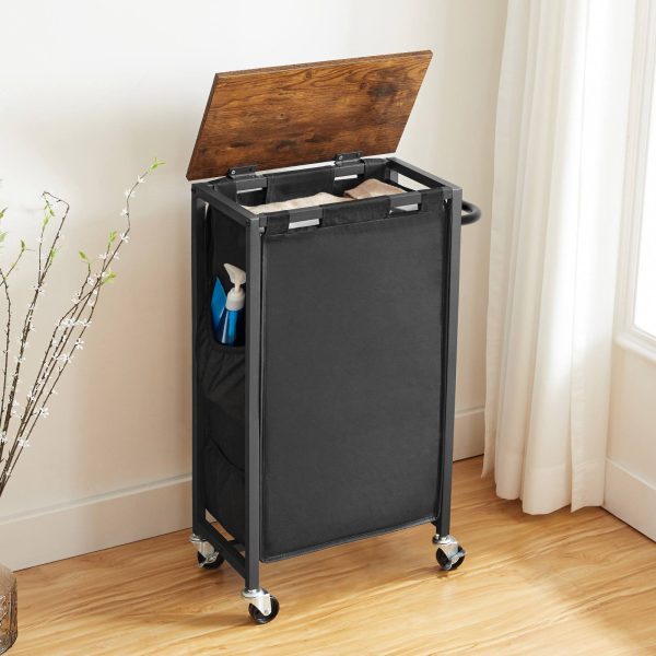 Rolling Laundry Hamper, Rustic Brown & Black Multi-Functional Laundry Sorter with Side Pockets and Handle, Oxford Fabric Storage Bag, Space-Saving Design