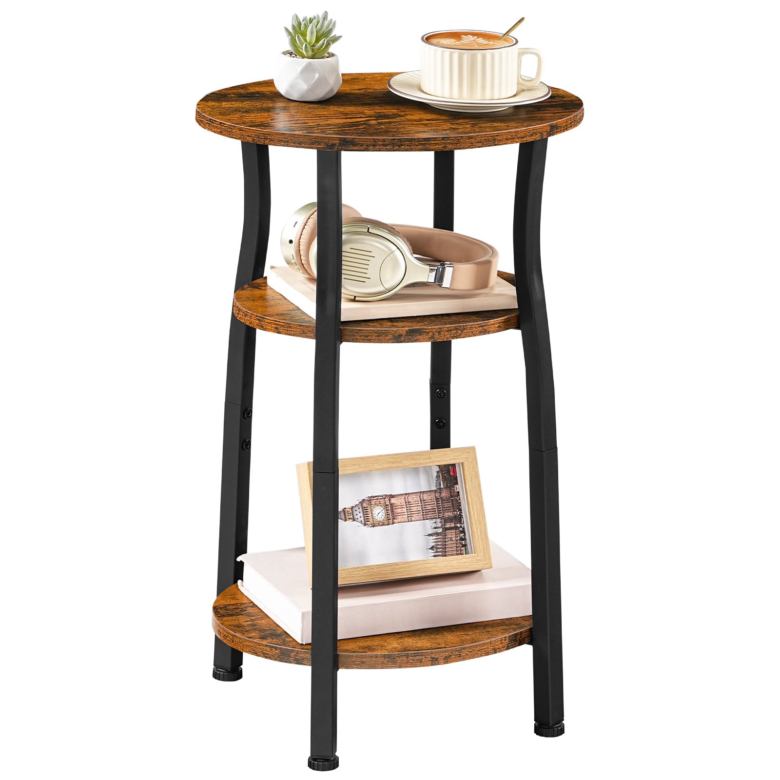 3-Tier Oval Narrow Side Table with Storage, Slim Bedside & Corner Sofa Table, Vhodné pro malé prostory, Rustikální hnědá & Černý