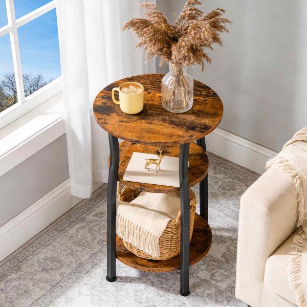 3-Table d'appoint étroite ovale avec rangement Tier, Chevet mince & Table de canapé d'angle, Convient aux petits espaces, Brun rustique & Noir