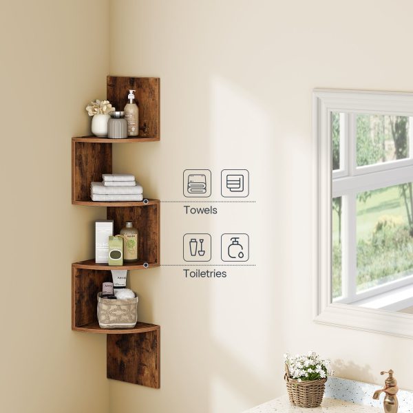 Zestaw 2 Narożne półki wiszące do montażu na ścianie, 4-Regały do przechowywania zygzakowatego poziomu, Organizator wielu scenariuszy do salonu, Sypialnia, Łazienka & ministerstwo spraw wewnętrznych, Rustykalne brązowe wykończenie