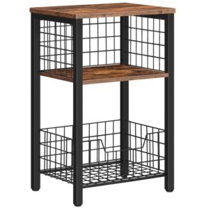 tall side table, 3-tier end table with storage basket, industrial small table with adjustable shelves for living room bedroom kitchen family and office, rustic brown