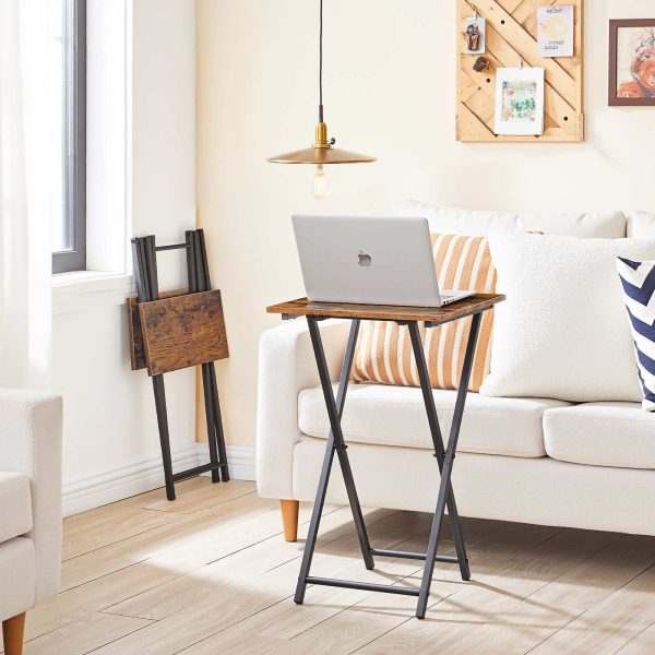 Sammenleggbart TV-brettbord, Rustikk brun & Svart bærbart sidebord av tre, Industrielt snackbord for små rom, Plassbesparende, Enkel montering & Folding