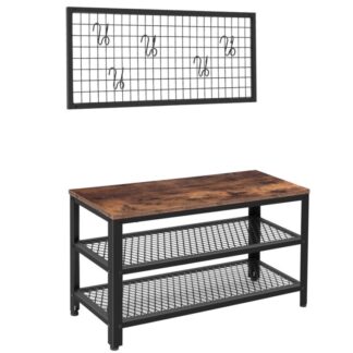 shoe bench, industrial shoe rack, 3-tier shoe shelf with seat, separate coat rack with 5 removable hooks, stable metal frame for entryway, living room, hallway, easy assembly